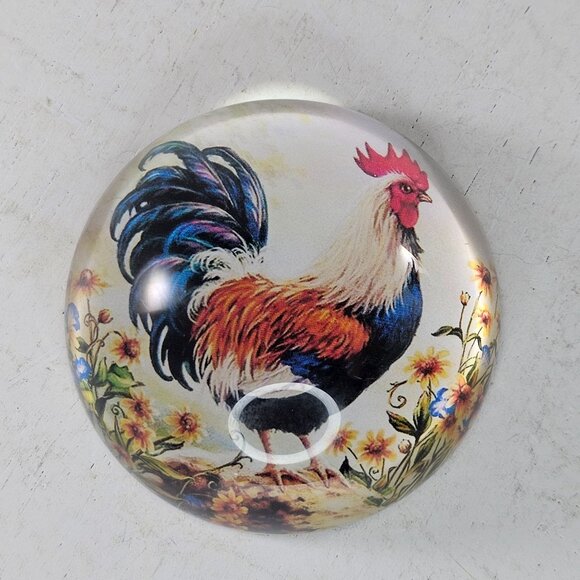 Decorative Glass Dome Paperweight Chicken Rooster Illustration Yellow Flowers - Picture 8 of 8